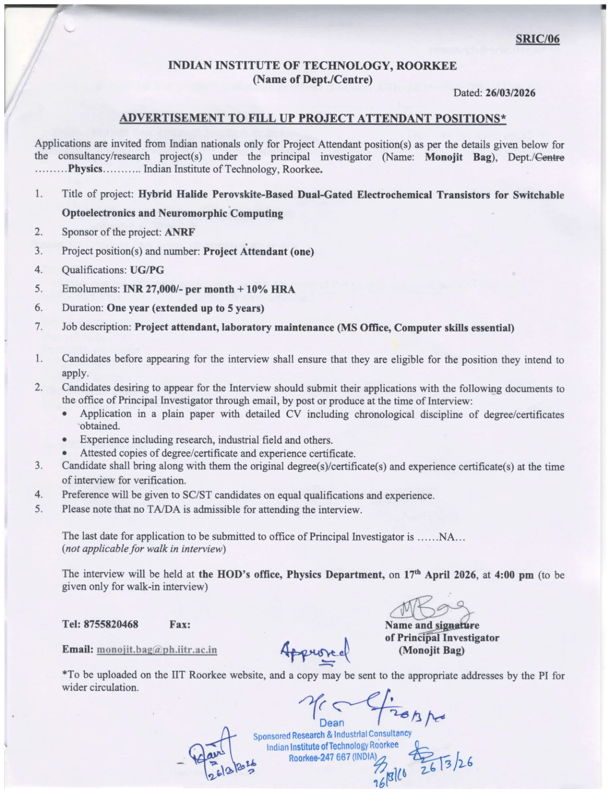 Official Recruitment Notification for IIT Roorkee Project Attendant Recruitment 2026 - Walk in