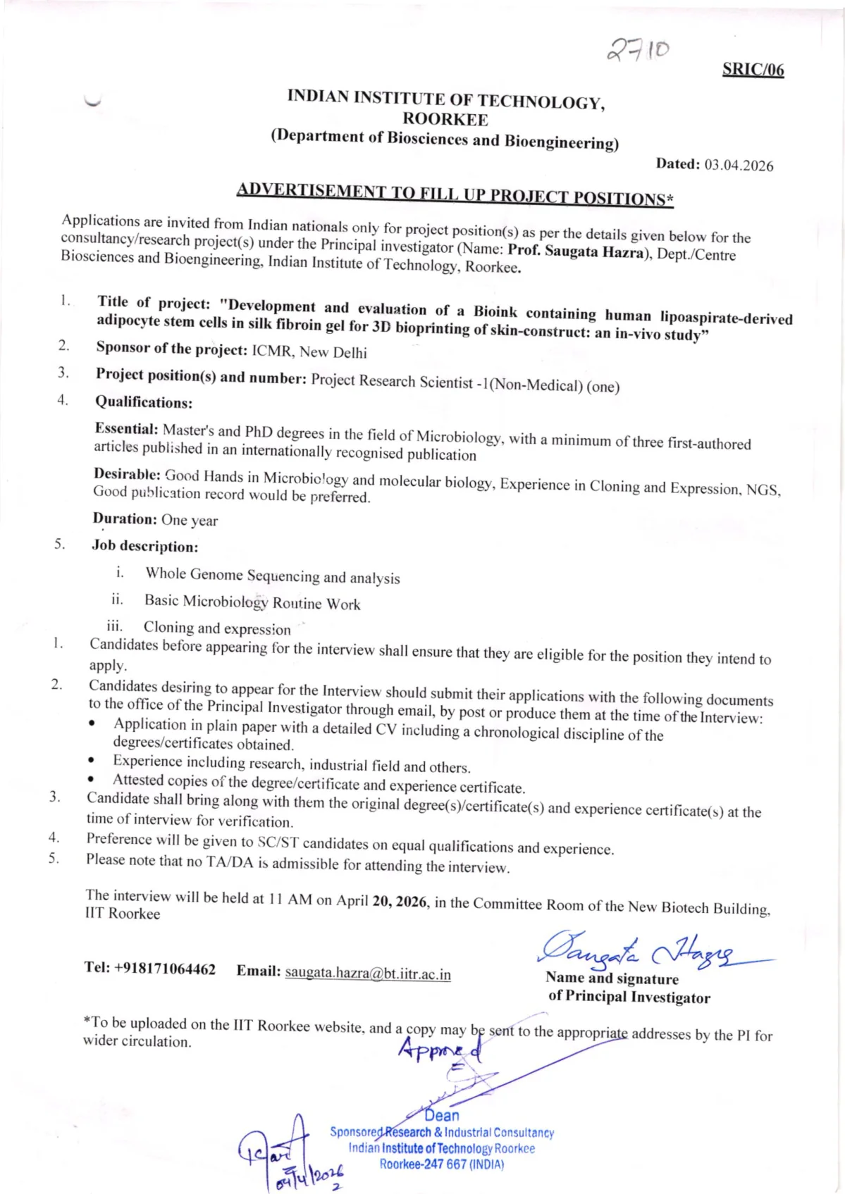 Official Recruitment Notification for IIT Roorkee Project Research Scientist I Recruitment 2026 - Walkin