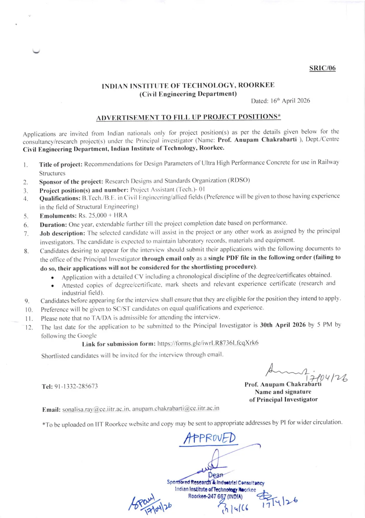 Official Recruitment Notification for IIT Roorkee Recruitment 2026 for 1 Project Assistant (Tech.) Post: Eligibility, Salary and How to Apply by 30 April