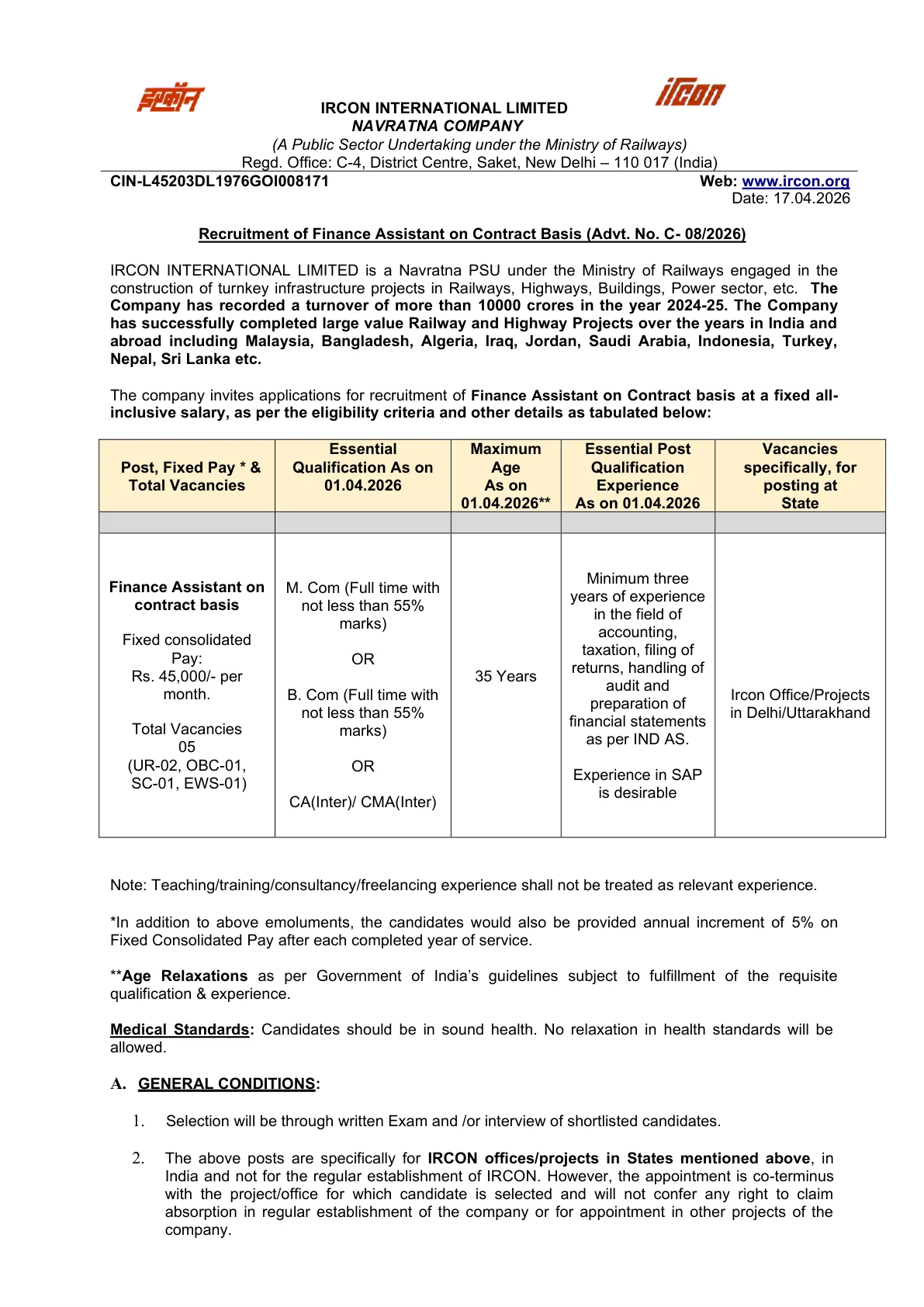 Official Recruitment Notification for IRCON Finance Assistant Recruitment 2026: 5 Contract Posts, Eligibility, Online Dates, Salary and Hard Copy Deadline