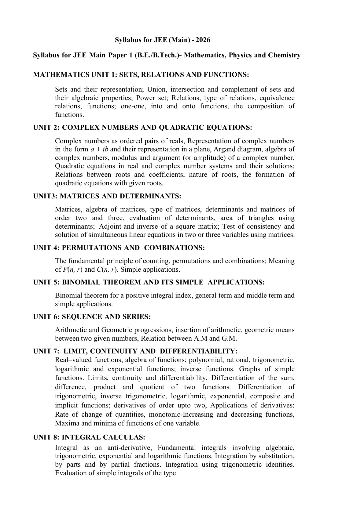Official Syllabus Link for JEE Mains 2026 Syllabus: Complete Official Syllabus for Paper 1, 2A & 2B