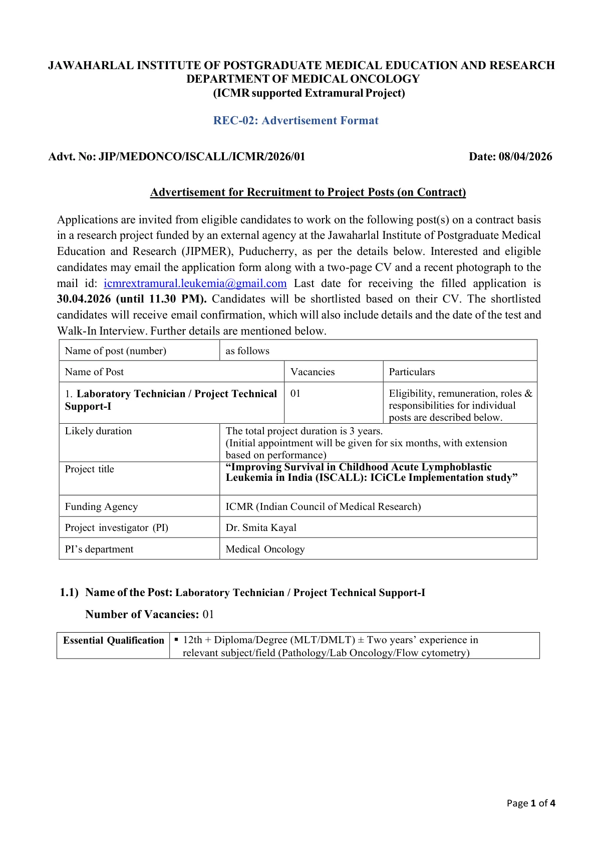 Official Recruitment Notification for JIPMER Laboratory Technician / Project Technical Support-I Recruitment 2026: Eligibility, Last Date and Application Steps for 1 Post