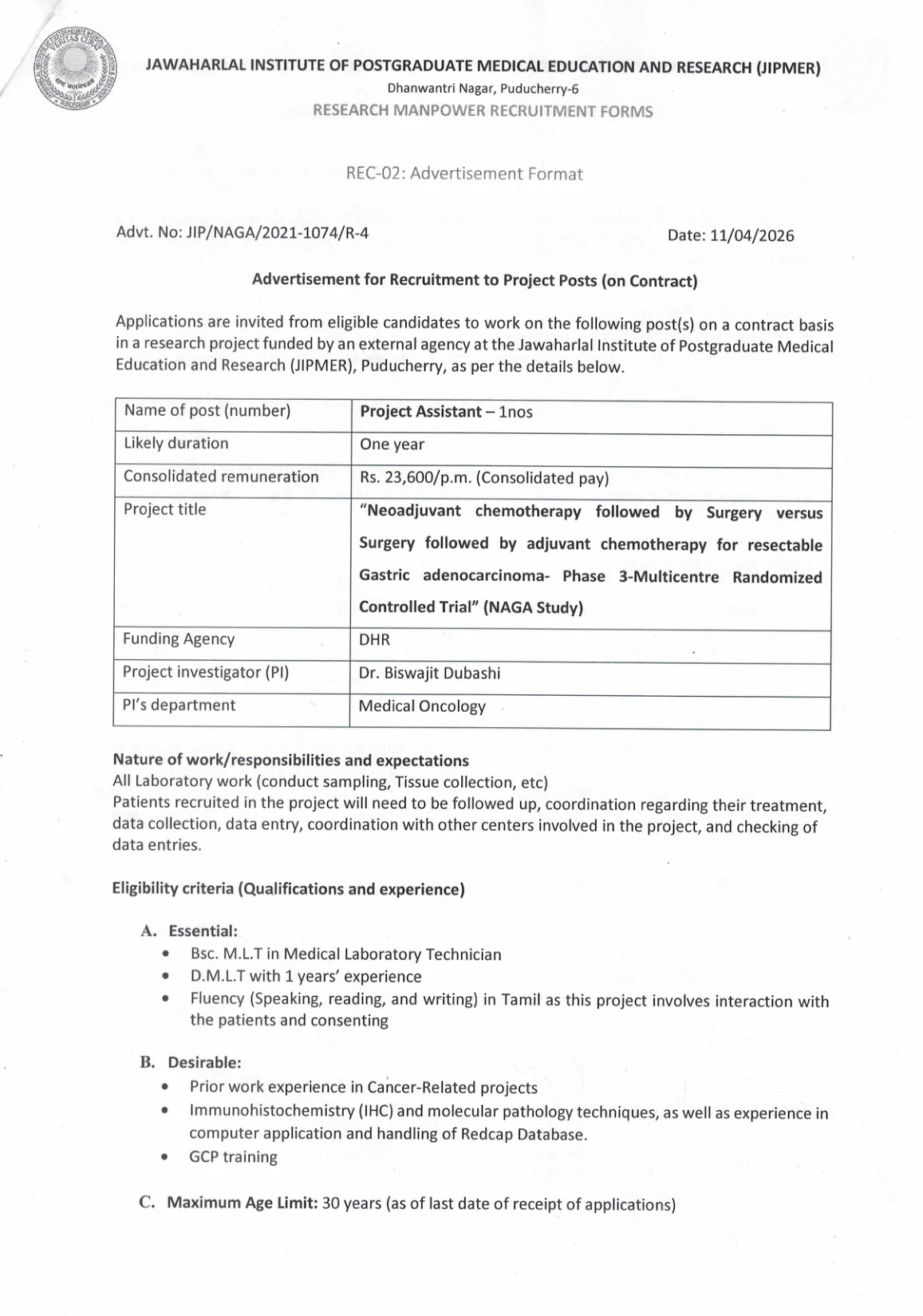 Official Recruitment Notification for JIPMER Project Assistant Recruitment 2026 Walk-in on 6 May for 1 Contract Post