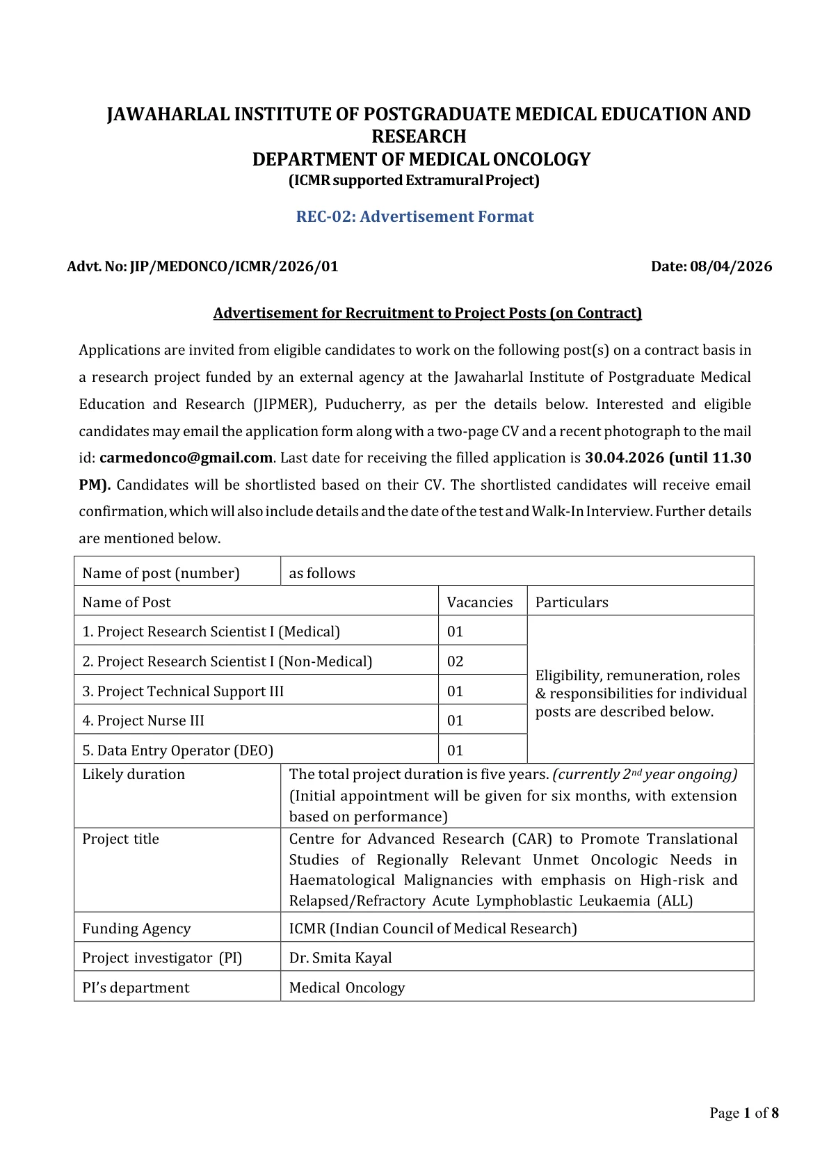 Official Recruitment Notification for JIPMER Recruitment 2026 for 6 Project Posts: Project Research Scientist, Technical Support, Nurse and DEO