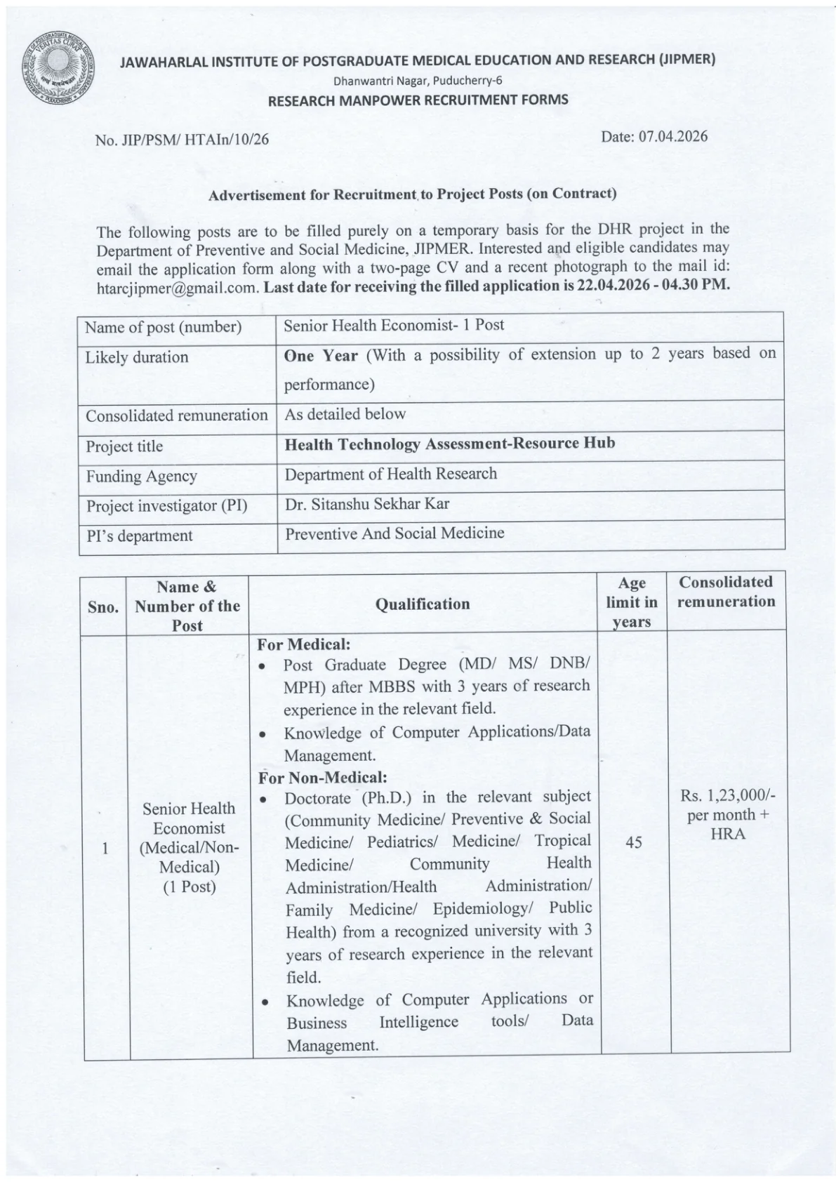 Official Recruitment Notification for JIPMER Senior Health Economist Recruitment 2026 - Apply Online