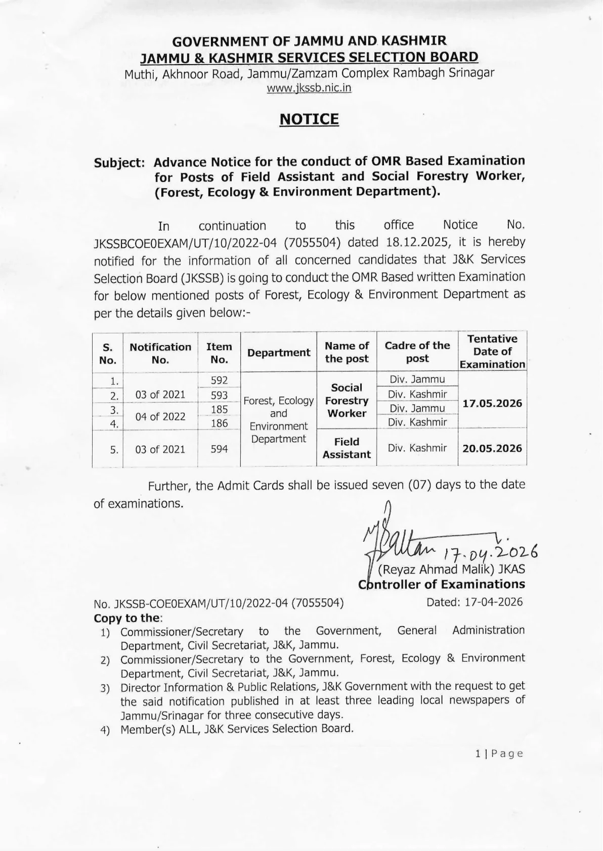 Official Recruitment Notification for JKSSB Field Assistant and Social Forestry Worker Exam Date 2026: Schedule, Admit Card Update and Post Details