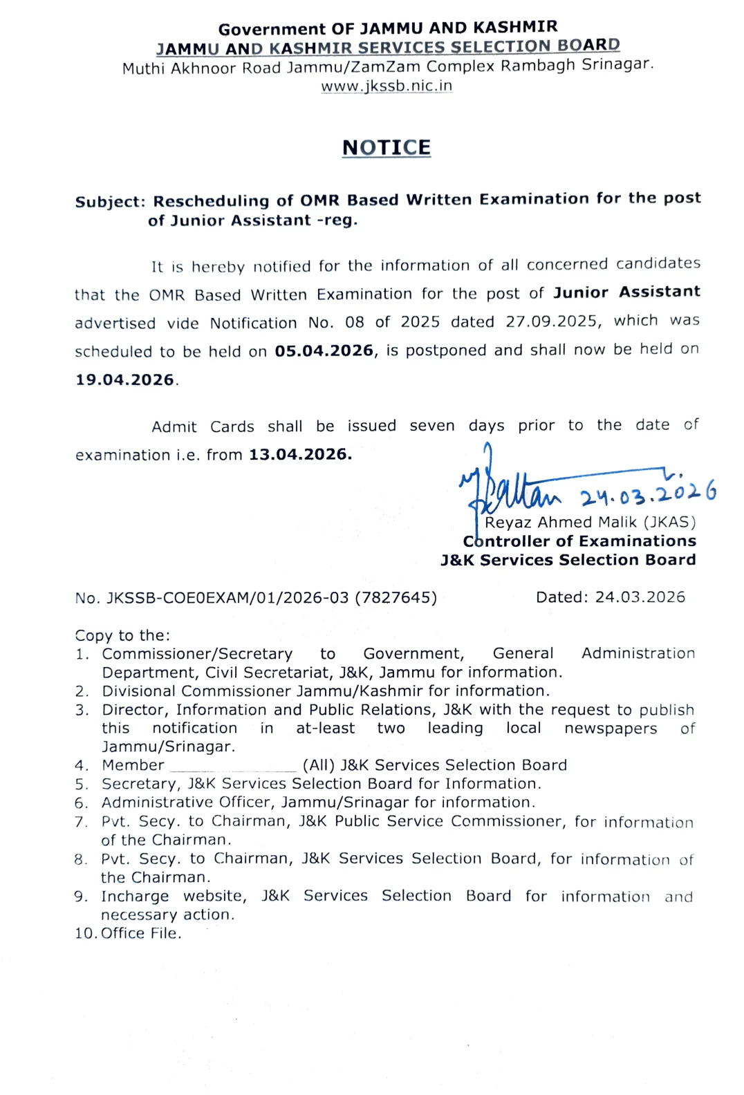 Official Admit Card Link for JKSSB Junior Assistant Admit Card 2026 Out - Download Here