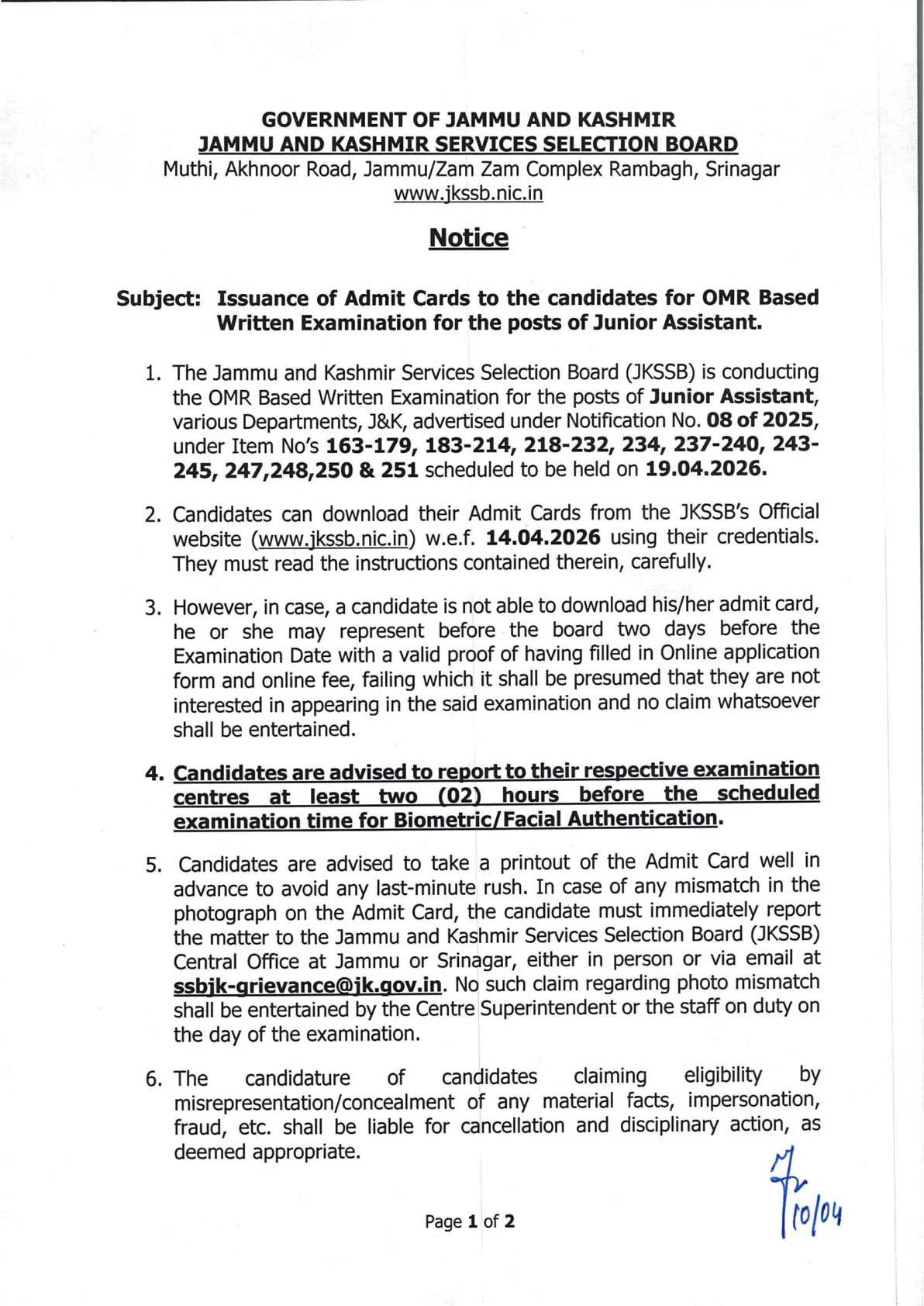 Official Admit Card Link for JKSSB Junior Assistant Admit Card 2026 - Direct Link to Download JKSSB JA Hall Tickets at jkssb.nic.in