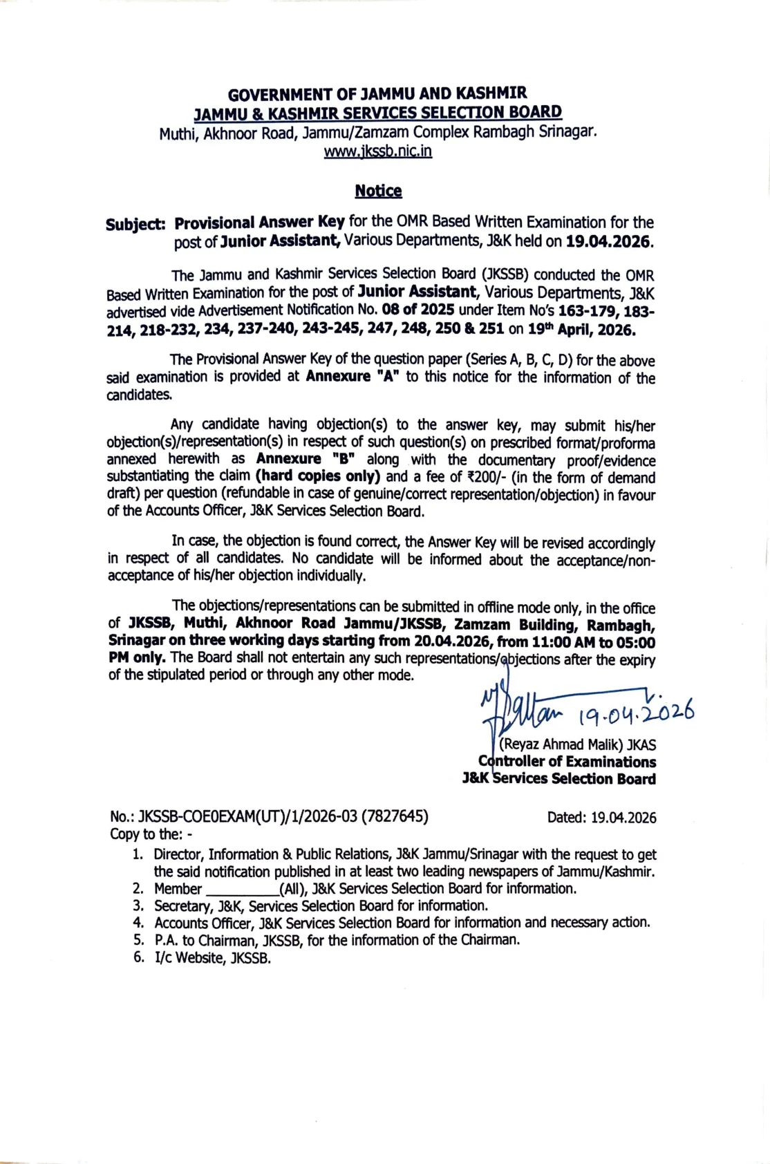 Official Answer Key Link for JKSSB Junior Assistant Answer Key 2026: Download Official PDF and Raise Objections