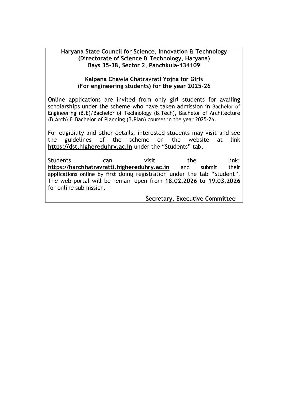 Official Recruitment Notification for Kalpana Chawla Chhatravratti Yojna 2026: Last Date, Eligibility, Scholarship Amount and Apply Online Steps