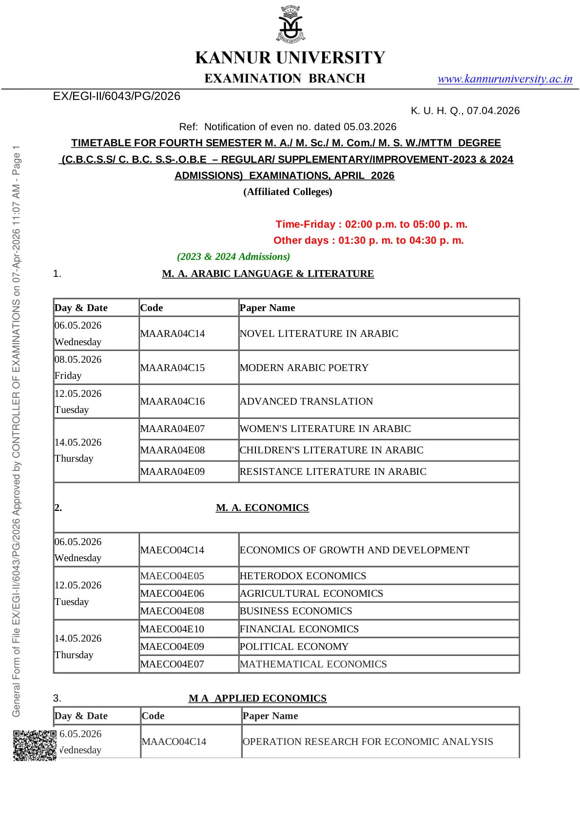 Official Recruitment Notification for Kannur University Time Table 2026