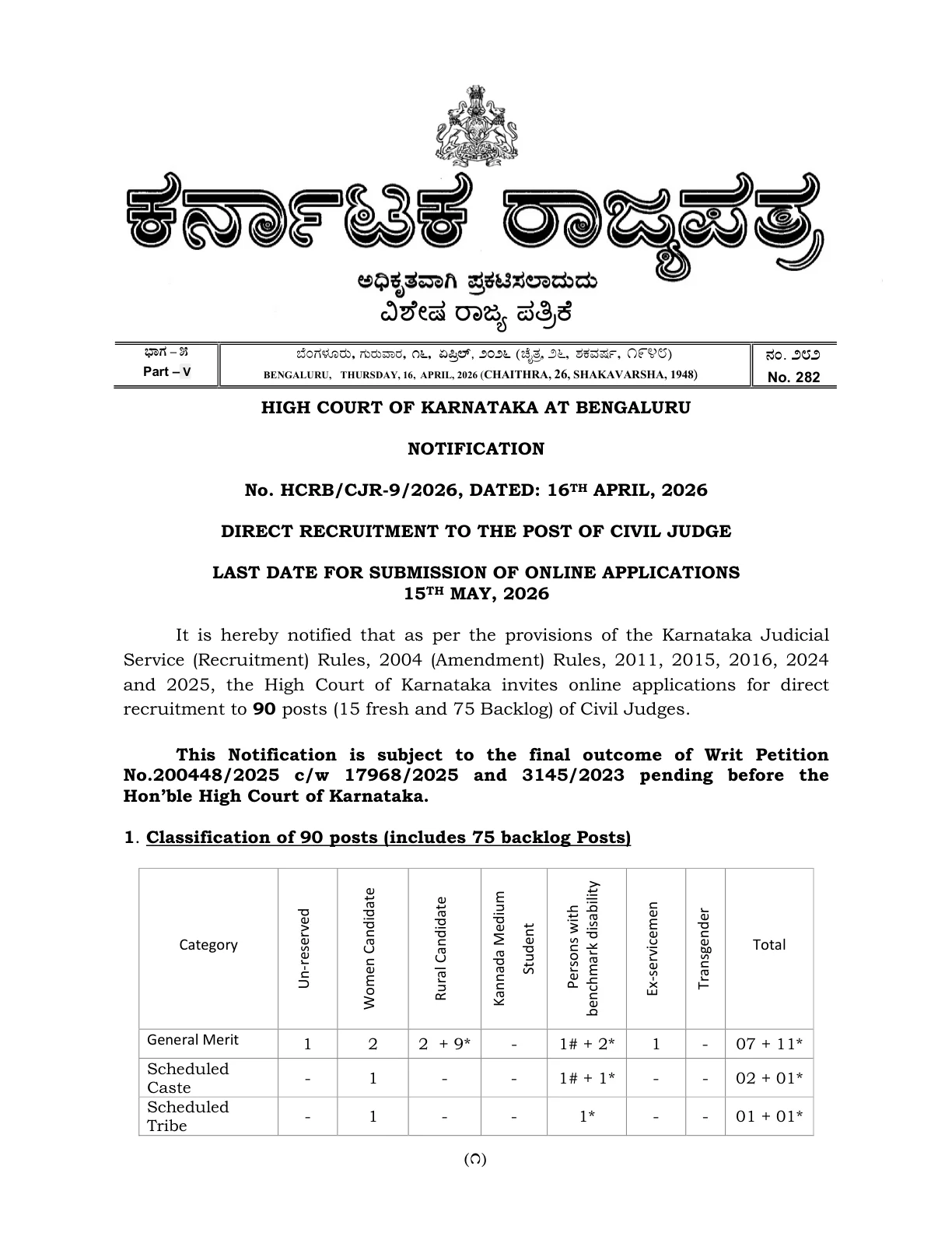 Official Recruitment Notification for Karnataka High Court Civil Judge Recruitment 2026: How to Apply Online for 90 Posts, Eligibility, Fee and Selection Process