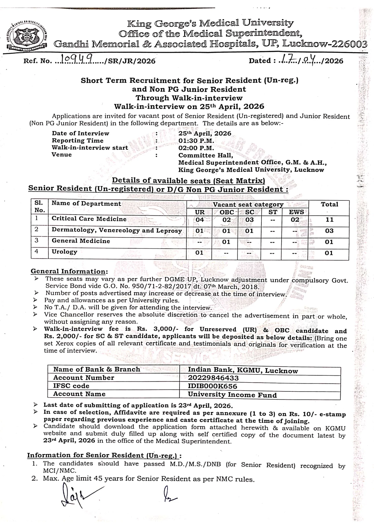 Official Recruitment Notification for KGMU Senior Resident Recruitment 2026: 16 Walk-in Posts, Eligibility, Fee and Interview Date