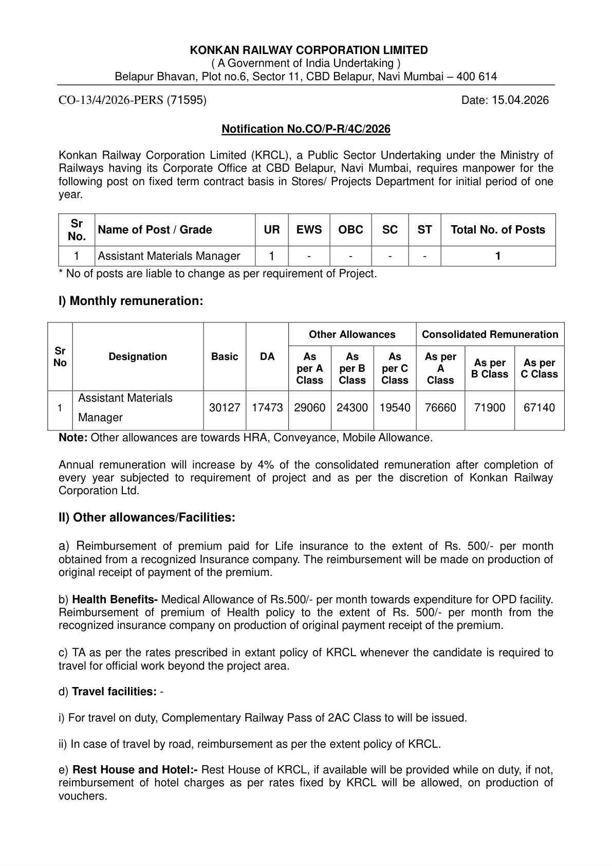 Official Recruitment Notification for Konkan Railway Assistant Materials Manager Recruitment 2026: Walk-in Date, Eligibility, Salary and Documents