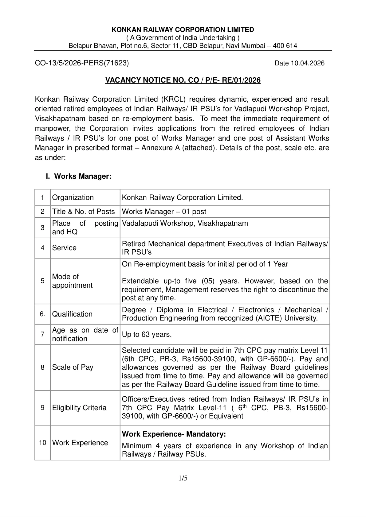 Official Recruitment Notification for KRCL Recruitment 2026 - Apply Online for Works Manager, Assistant Works Manager Posts