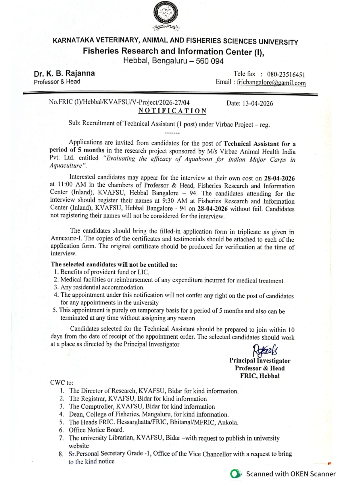 Official Recruitment Notification for KVAFSU Walk-in Recruitment 2026 for Technical Assistant Post