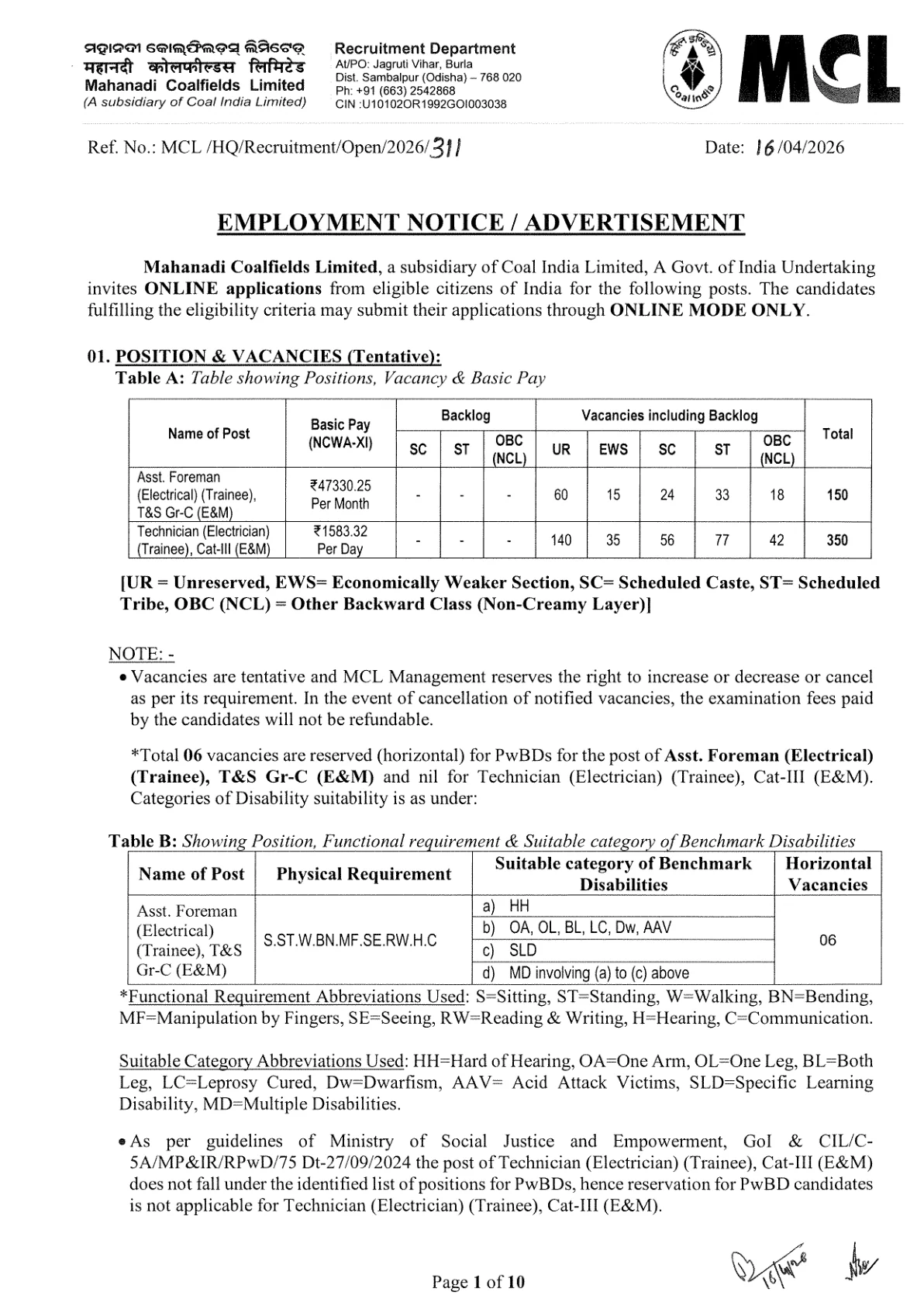 Official Recruitment Notification for MCL Recruitment 2026: Apply Online for 500 Assistant Foreman and Technician Posts, Check Eligibility, Fee and Last Date