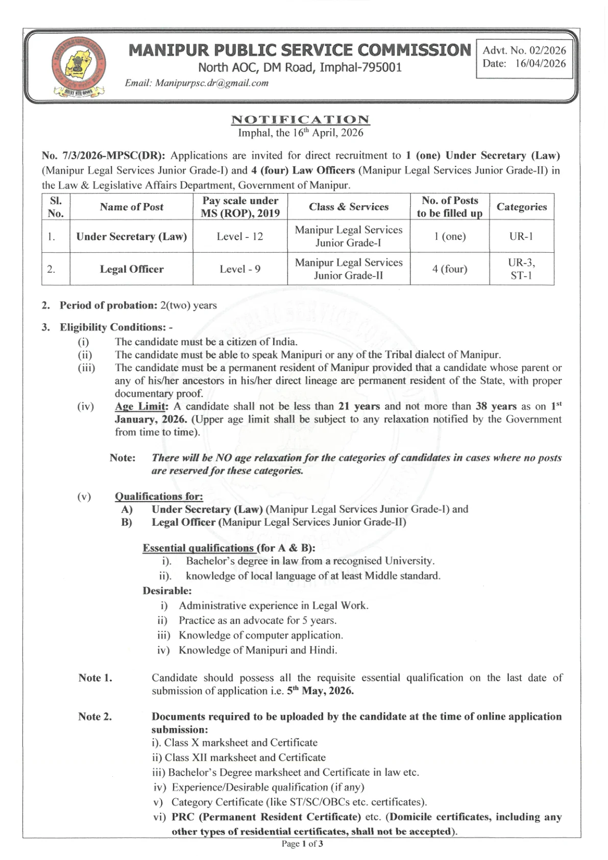 Official Recruitment Notification for Manipur PSC Under Secretary and Legal Officer Recruitment 2026: check vacancies, eligibility, fees, exam scheme, and how to apply online
