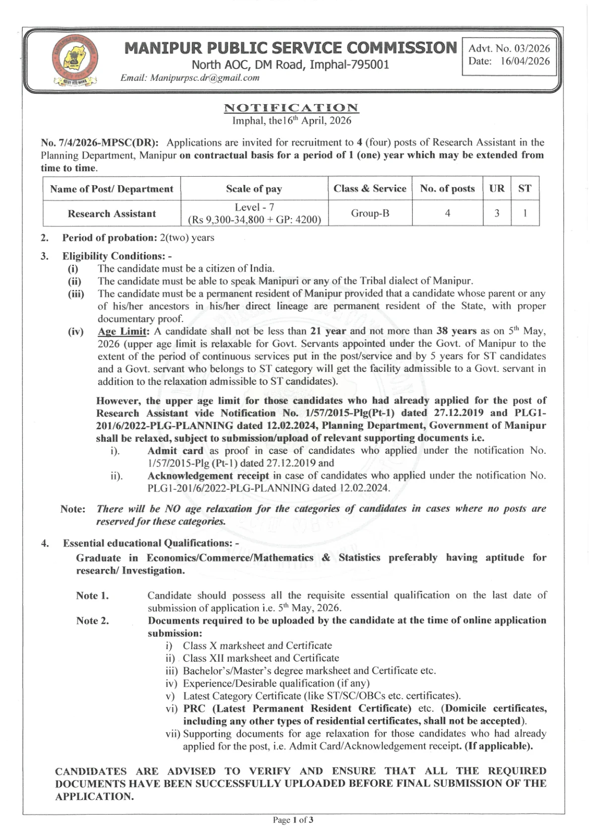 Official Recruitment Notification for Manipur PSC Research Assistant Recruitment 2026: Eligibility, Fees, Exam Date and How to Apply Online