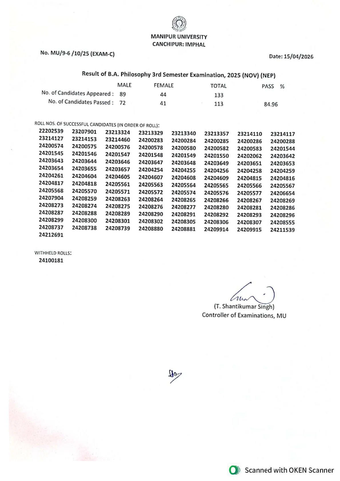 Official Result Link for Manipur University Result 2026 Released for BA, BSc and BPES 3rd Semester; Download Official Result PDFs