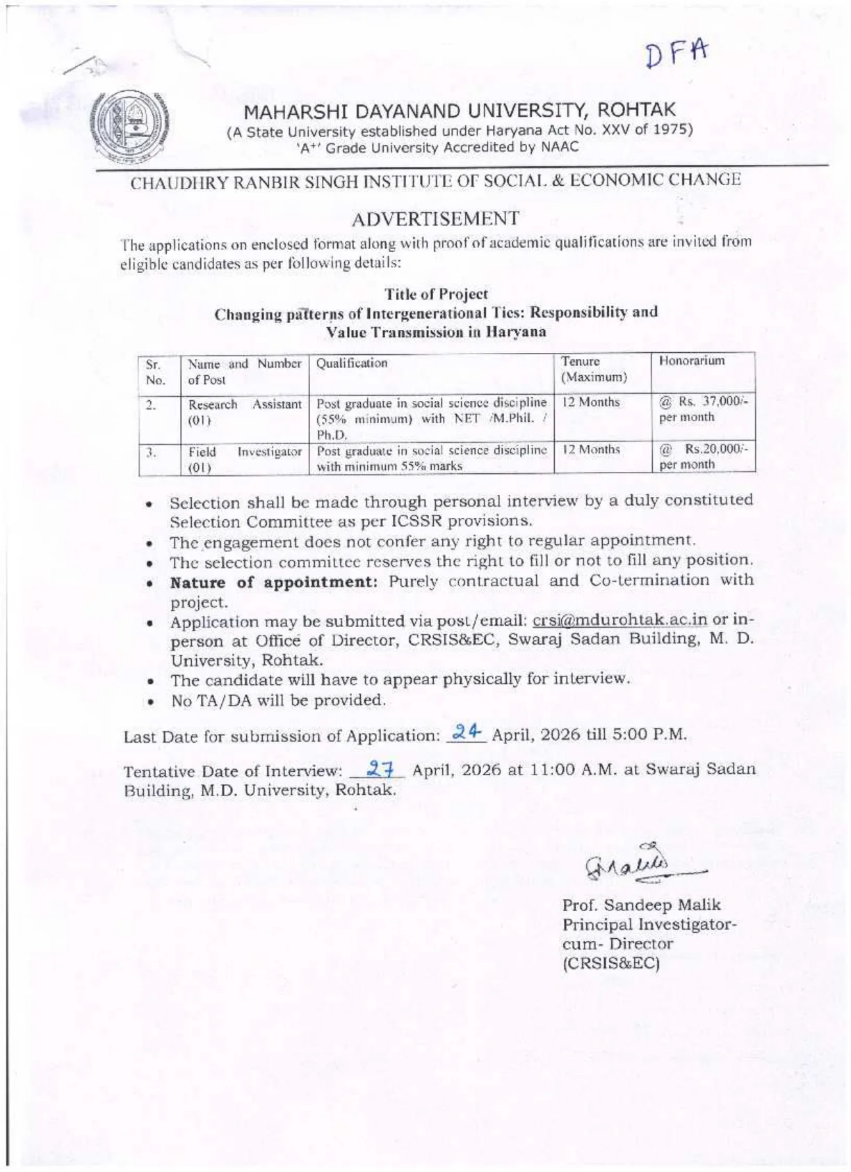 Official Recruitment Notification for MDU Rohtak Research Assistant and Field Investigator Recruitment 2026: 2 Posts, Eligibility, Honorarium and How to Apply