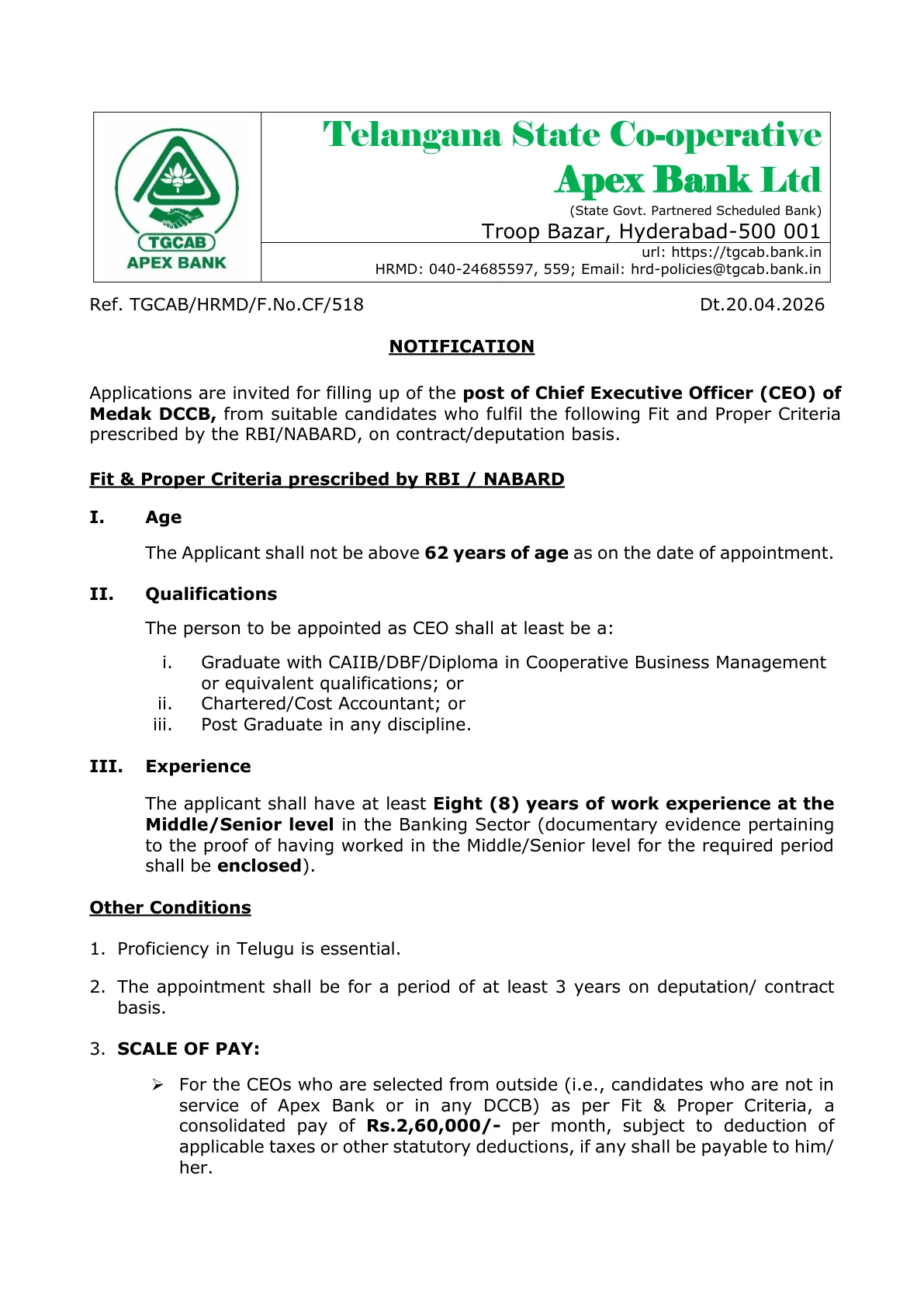 Official Recruitment Notification for Medak DCCB CEO Recruitment 2026: Apply Offline, Check Eligibility, Fee, Salary and Last Date