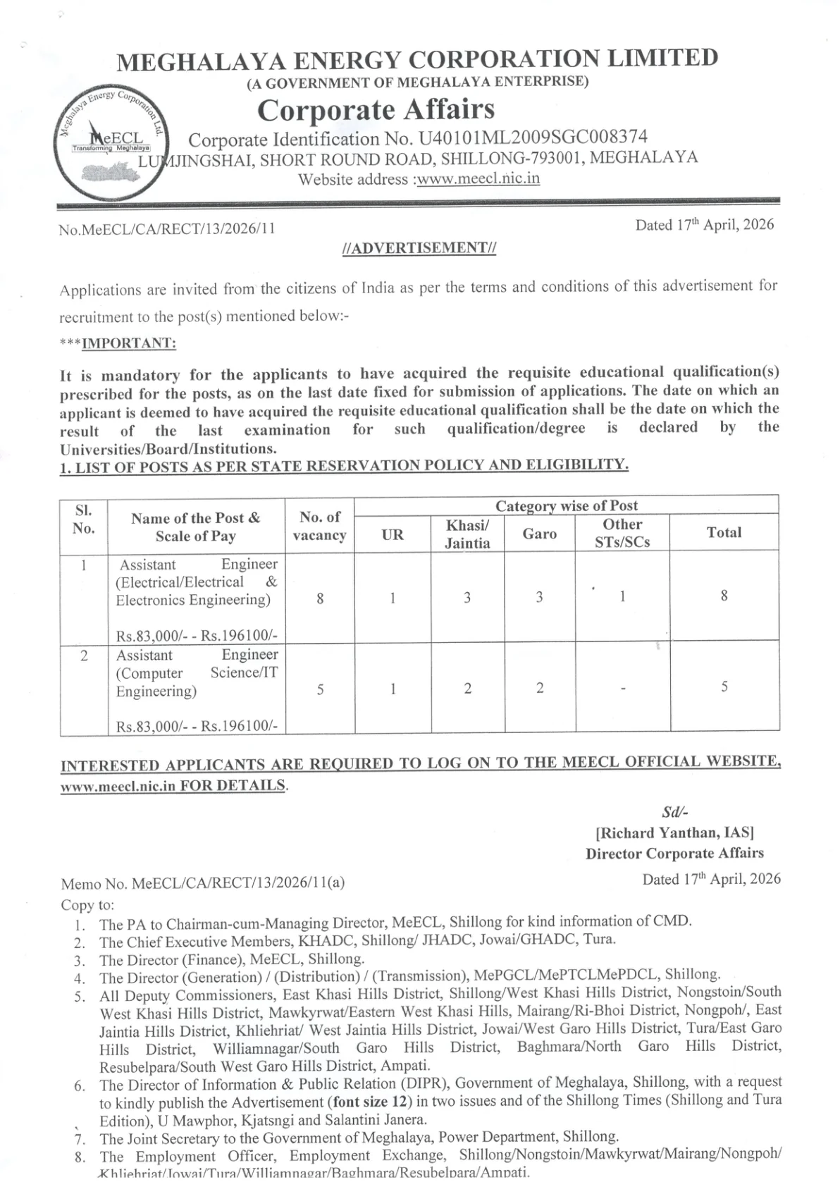 Official Recruitment Notification for MeECL Assistant Engineer Recruitment 2026: Offline Form, Eligibility, Fee and Last Date for 13 Posts