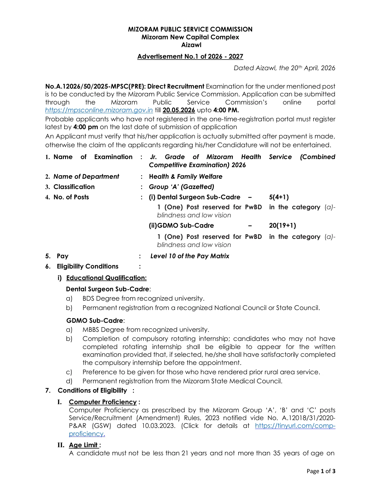 Official Recruitment Notification for Mizoram PSC Jr. Grade of Mizoram Health Service Recruitment 2026: Apply Online for 25 Posts