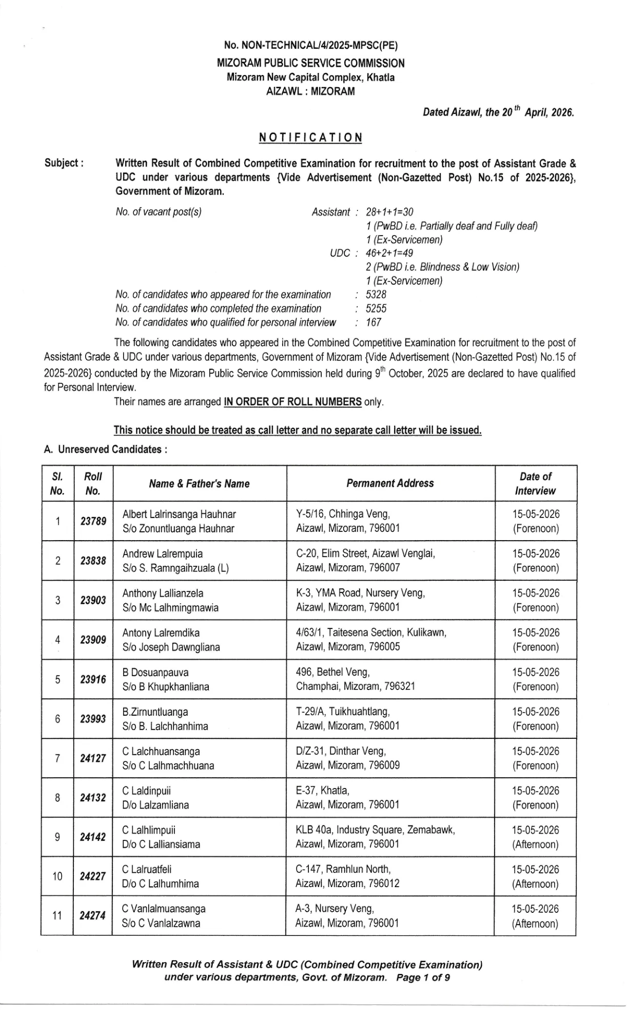 Official Scorecard Link for Mizoram PSC Assistant Grade and Upper Division Clerk Result 2026: Direct Written Result PDF, Qualified List and Scorecard Link Status
