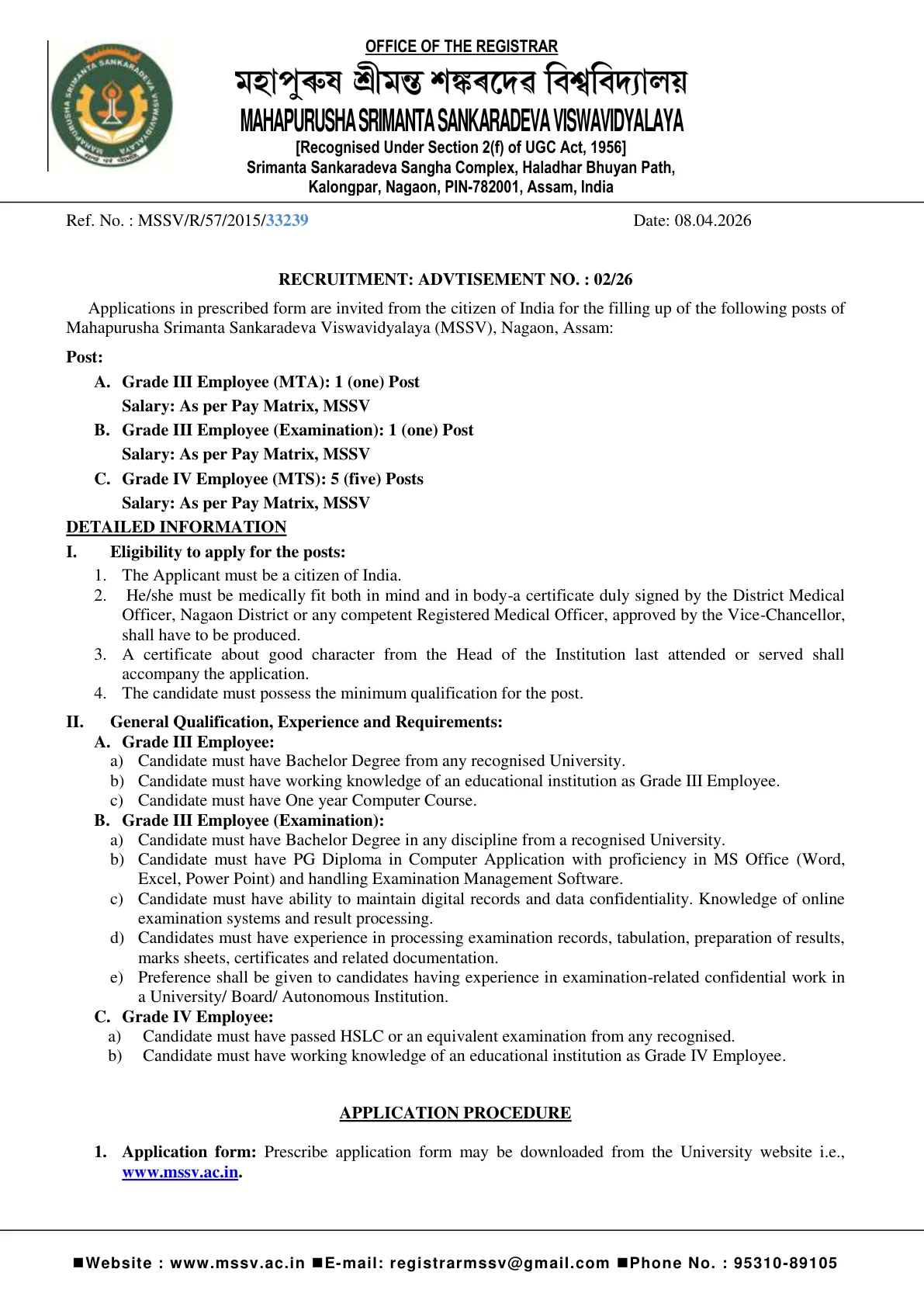 Official Recruitment Notification for MSSV Nagaon Recruitment 2026: Offline Form for Grade III and Grade IV Posts, Eligibility, Fee and Last Date