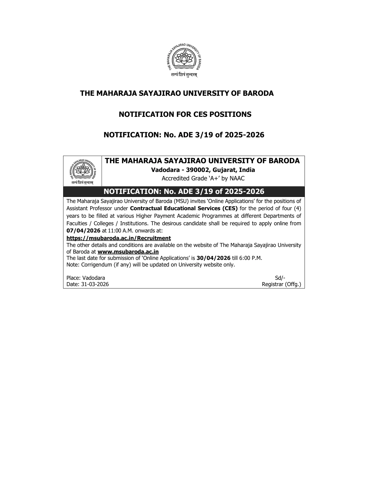Official Recruitment Notification for MSU Baroda Faculty Recruitment 2026: apply online for 1010 teaching posts, check eligibility, fees and last date