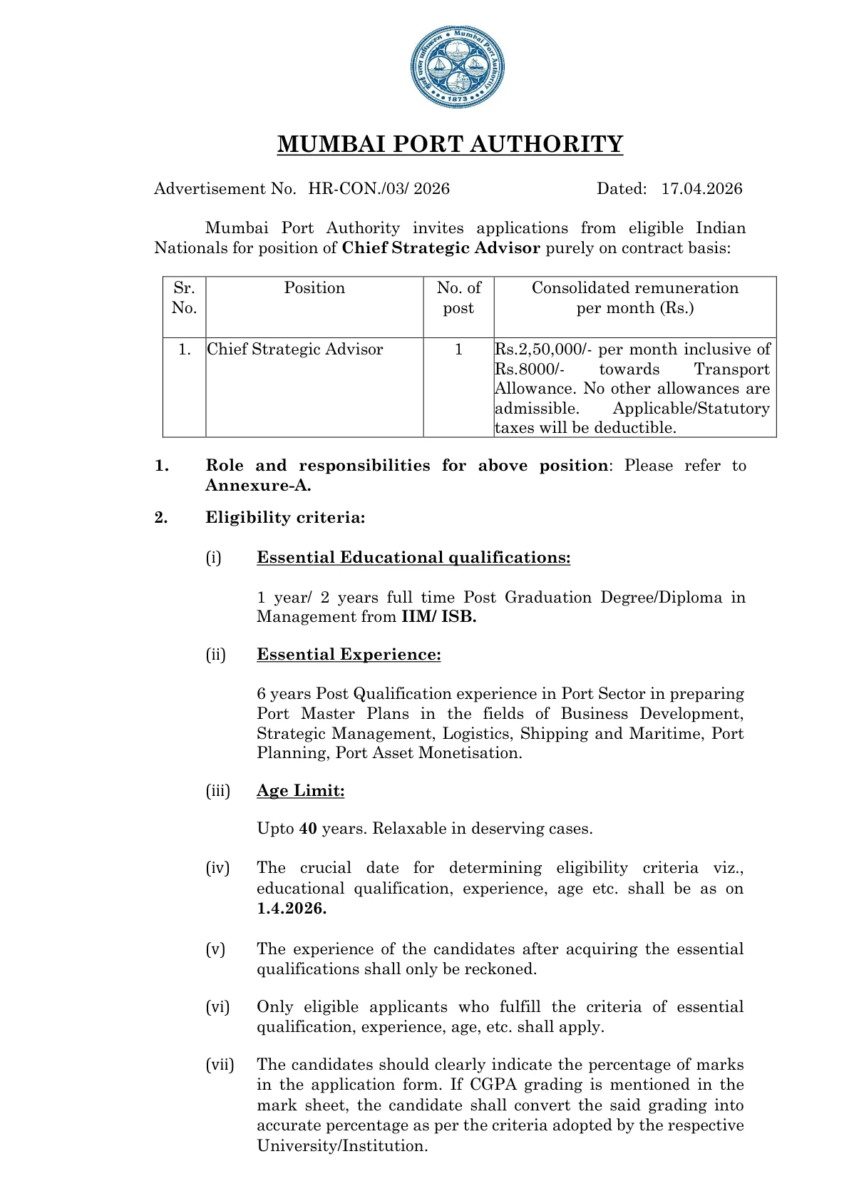 Official Recruitment Notification for Mumbai Port Authority Chief Strategic Advisor Recruitment 2026: check eligibility, experience, salary and offline application process