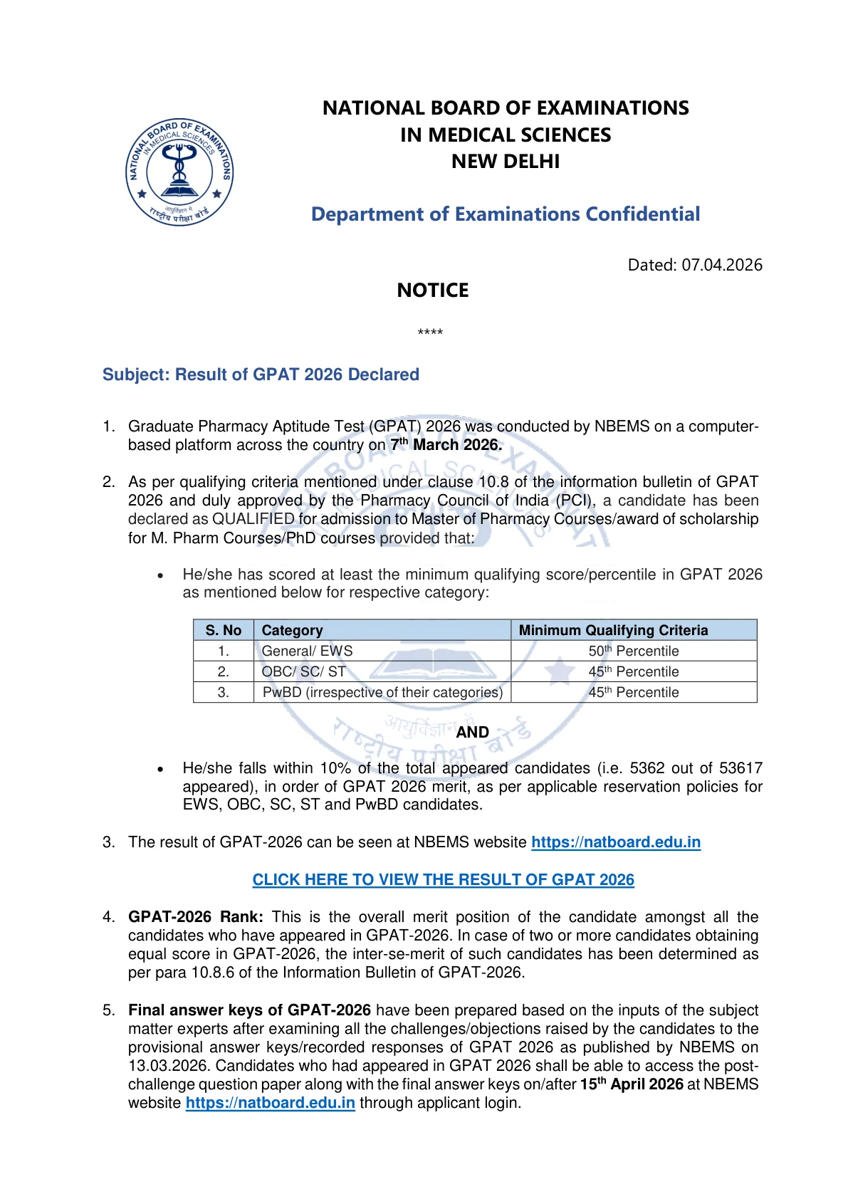 Official Scorecard Link for NBEMS GPAT Result 2026 Out at natboard.edu.in; Check GPAT Scorecard and Rank List