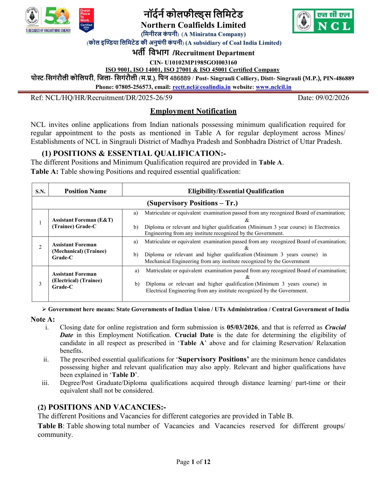 Official Admit Card Link for NCL Assistant Foreman Admit Card 2026 Download Link, CBT Date, Steps and Exam Details