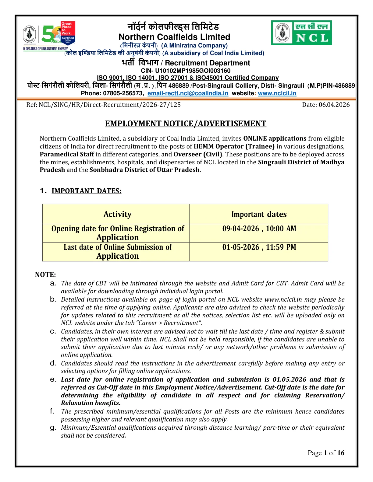 Official Recruitment Notification for NCL Trainee Recruitment 2026 - Apply Online for 577 HEMM Operator, Paramedical & Overseer Posts