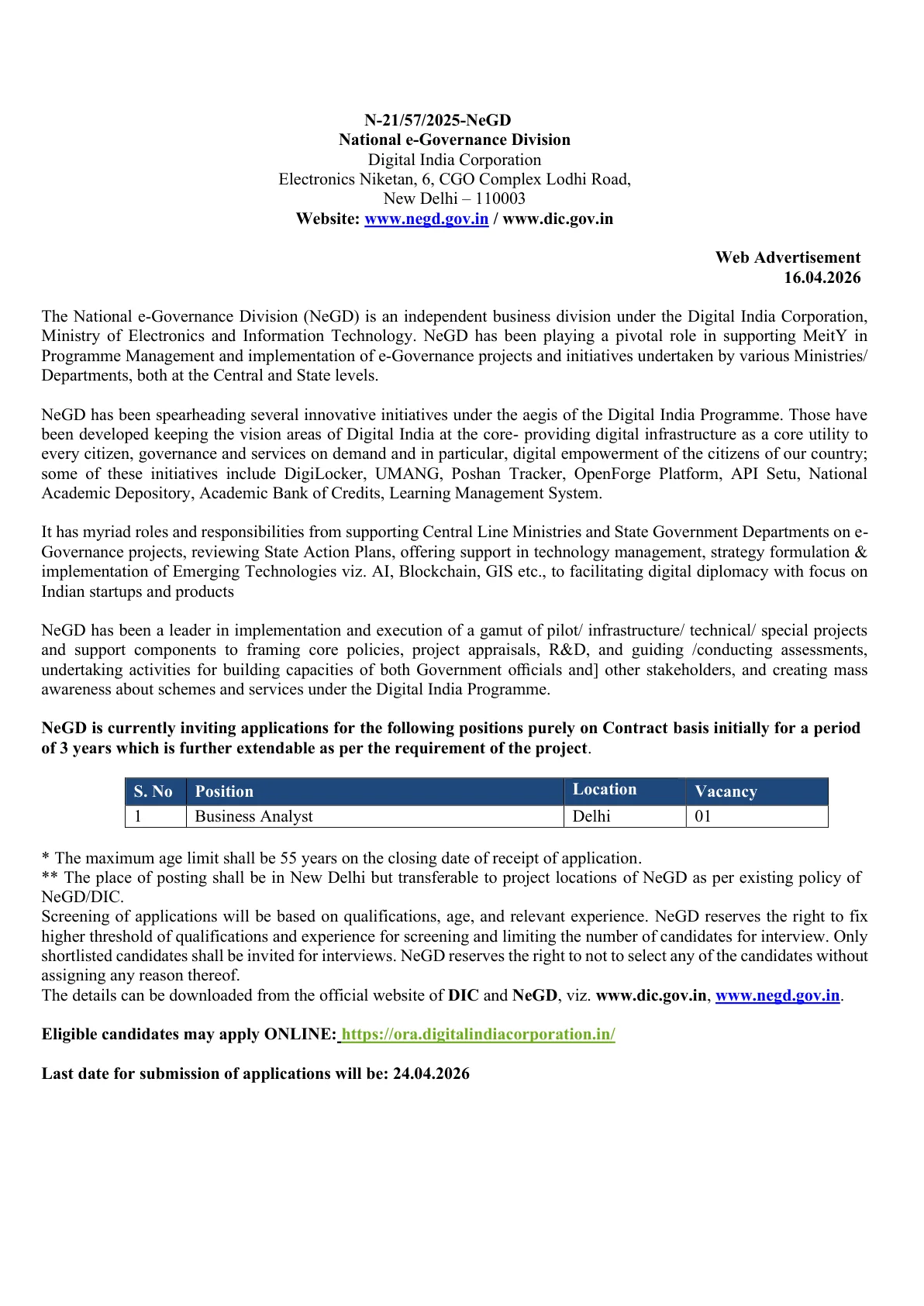 Official Recruitment Notification for NeGD Business Analyst Recruitment 2026: Apply Online for 1 Contractual Post