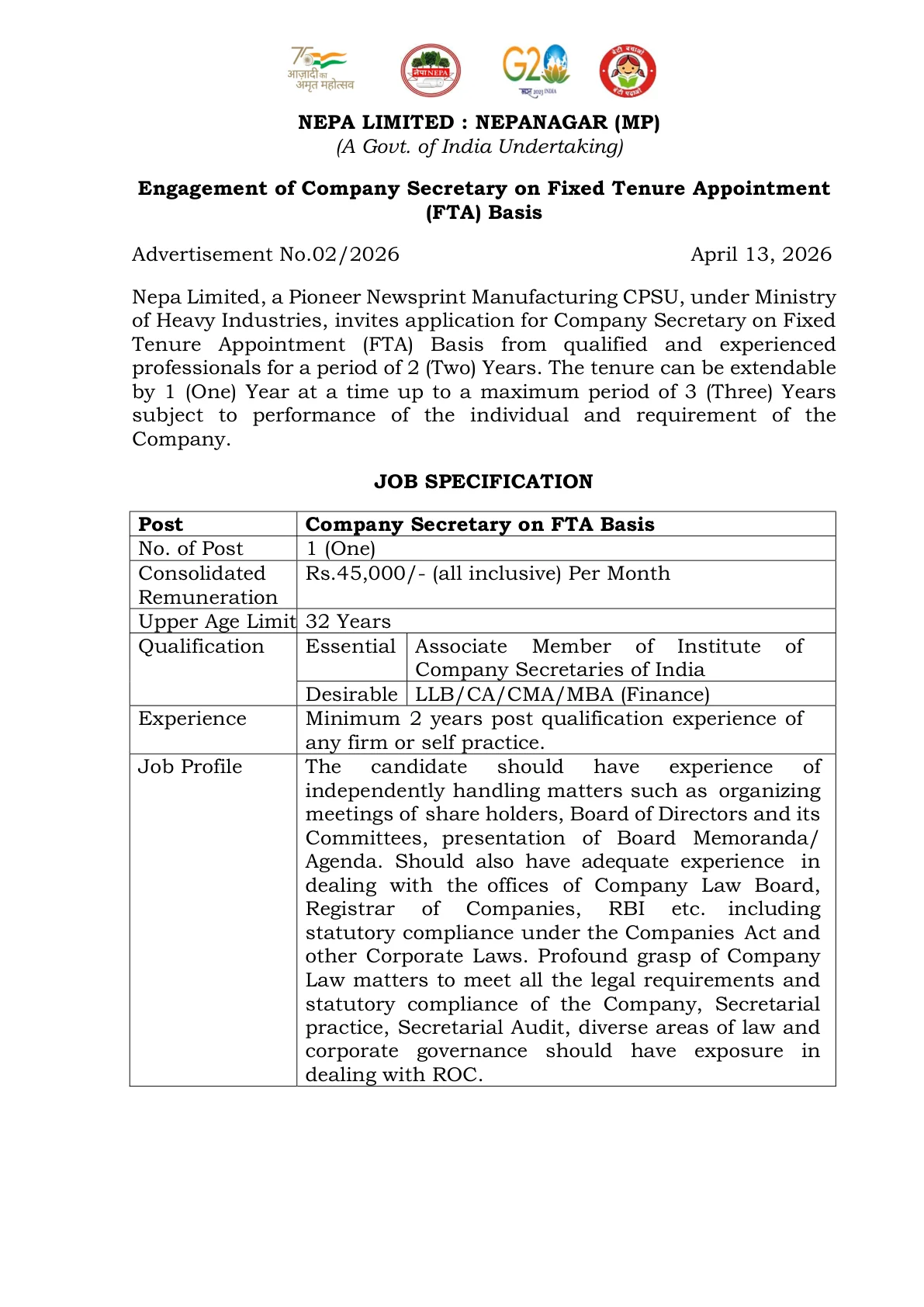 Official Recruitment Notification for NEPA Company Secretary Offline Recruitment 2026 for 01 Post - How to Apply