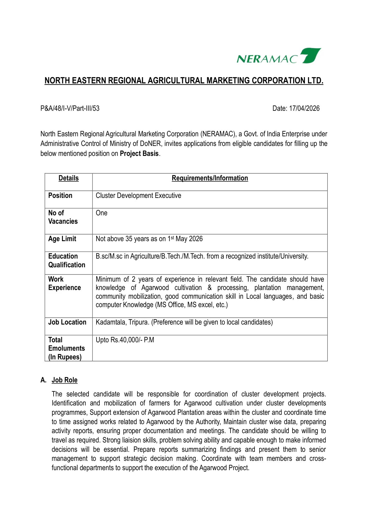 Official Recruitment Notification for NERAMAC Cluster Development Executive Recruitment 2026: check eligibility, salary, last date and how to apply by email or post