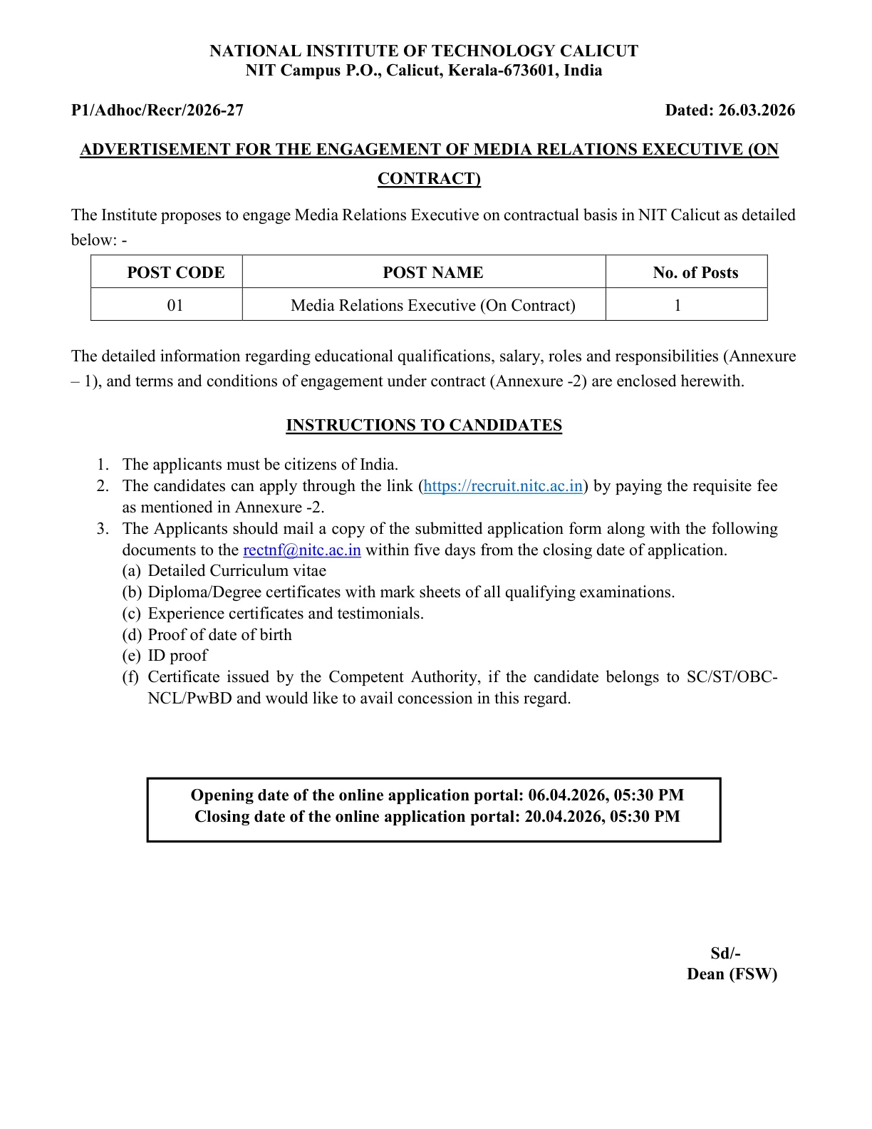 Official Recruitment Notification for NIT Calicut Media Relations Executive Recruitment 2026 - Apply Online for 1 Post