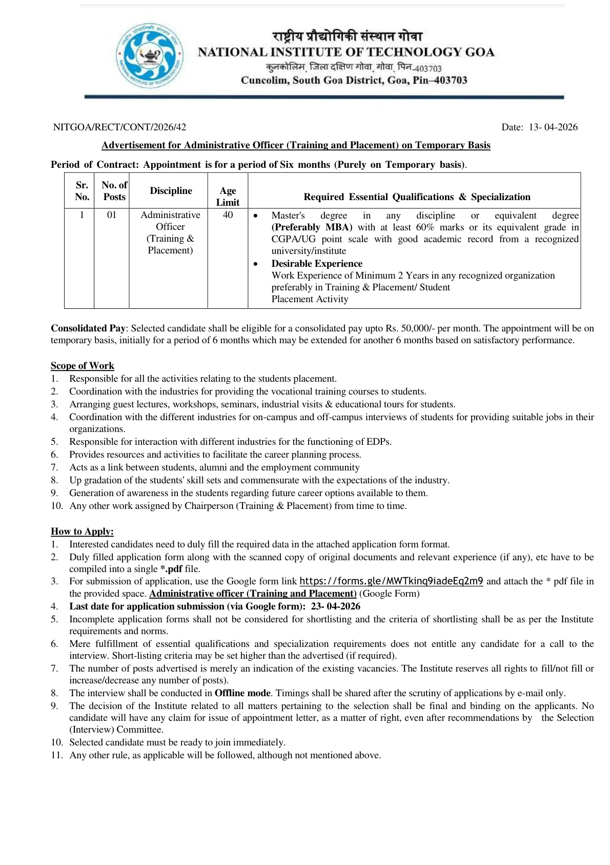 Official Recruitment Notification for NIT Goa Administrative Officer Recruitment 2026: Eligibility, Salary, Last Date and Application Process for 1 Post