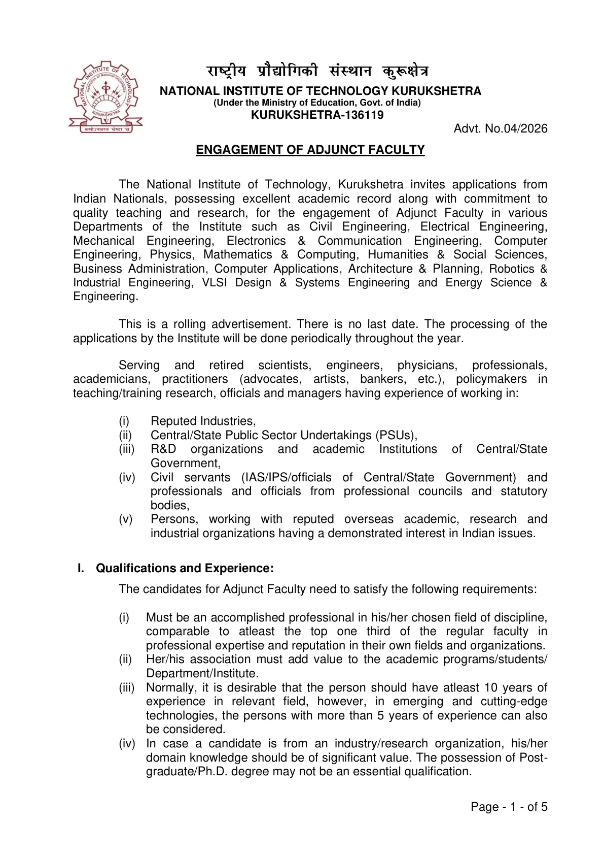 Official Recruitment Notification for NIT Kurukshetra Adjunct Faculty Recruitment 2026 - Apply Offline