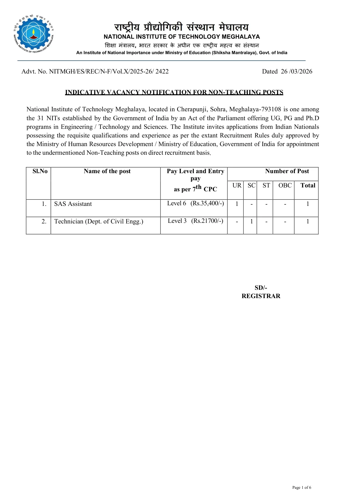Official Recruitment Notification for NIT Meghalaya Recruitment 2026 - Apply Online for Non Teaching Posts