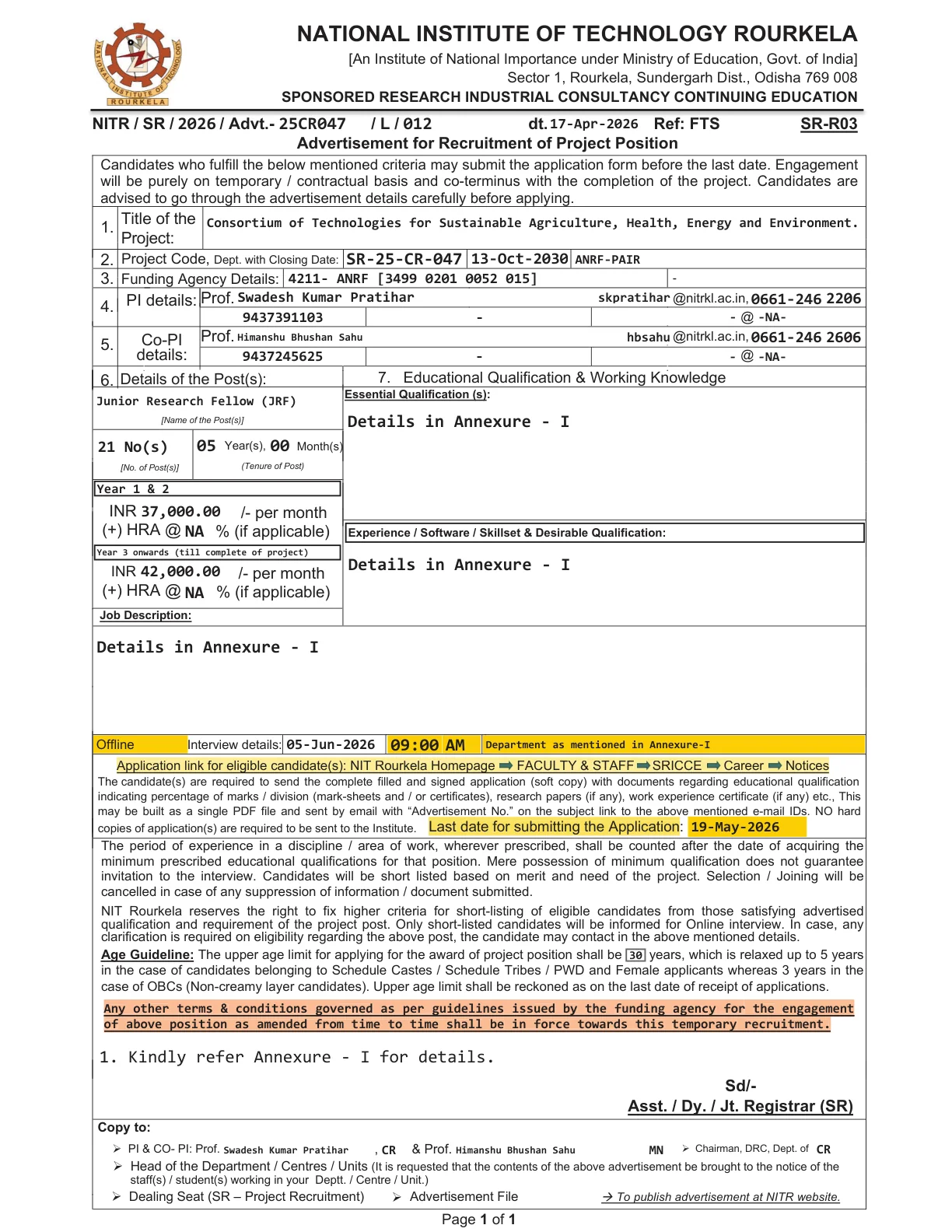 Official Recruitment Notification for NIT Rourkela Recruitment 2026 for 21 JRF Posts: Eligibility, Project Areas and How to Apply