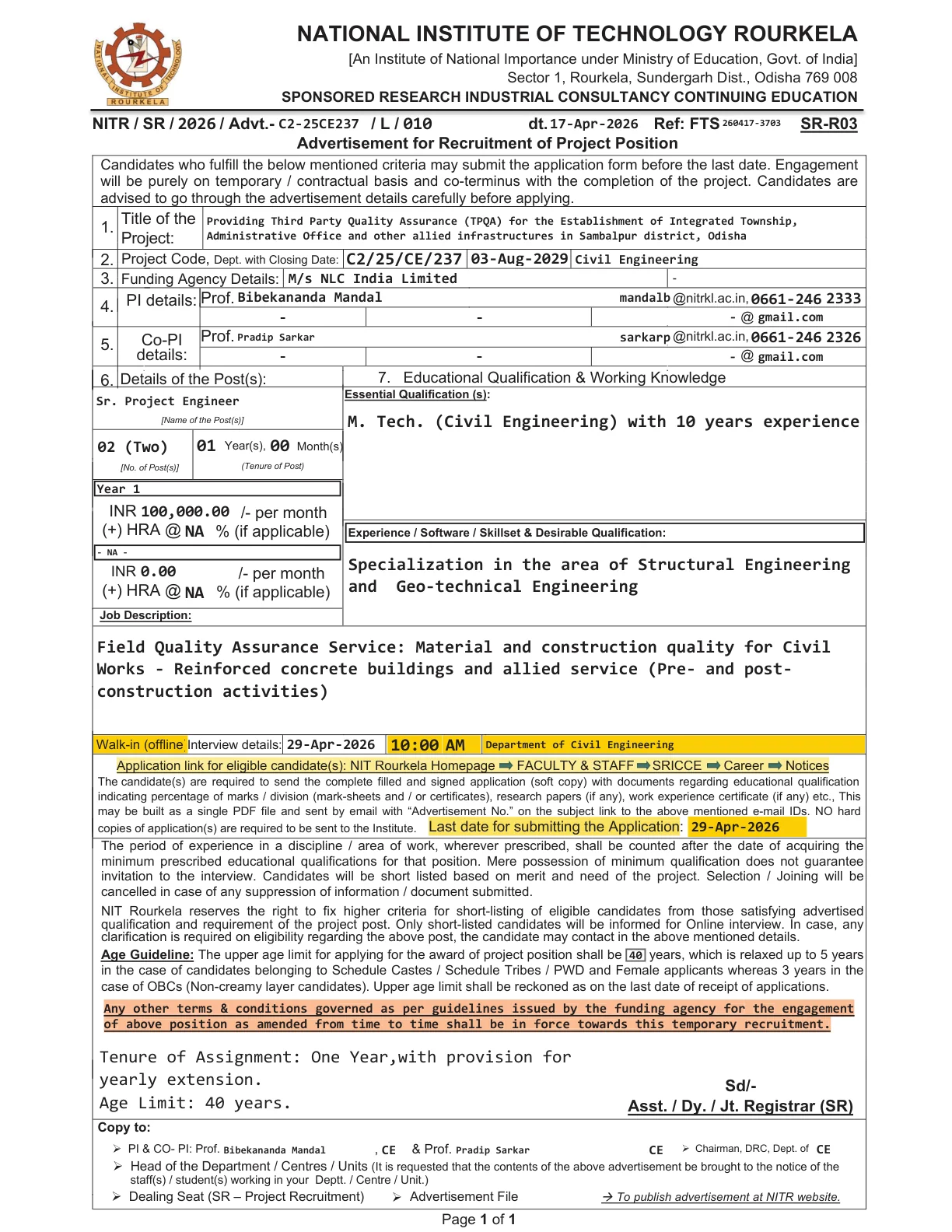 Official Recruitment Notification for NIT Rourkela Senior Project Engineer Recruitment 2026: 2 Posts, Eligibility, Salary, Interview and How to Apply