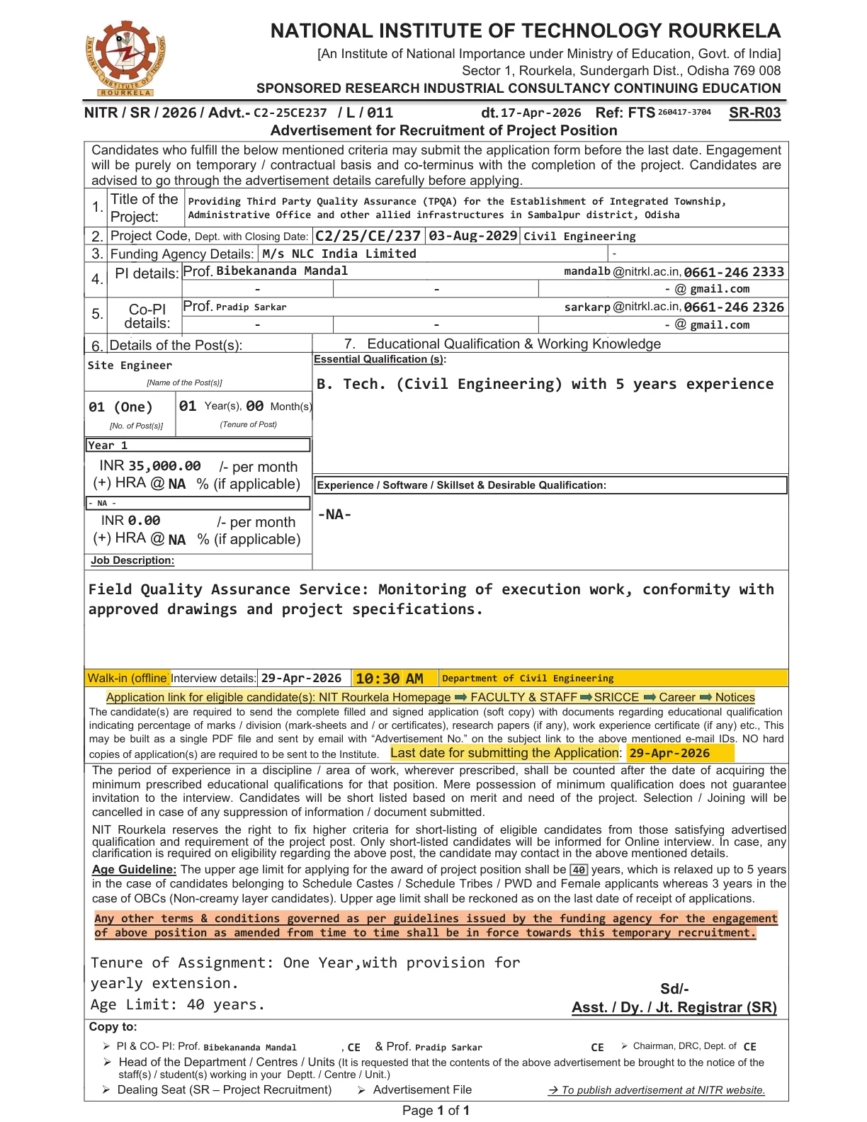 Official Recruitment Notification for NIT Rourkela Site Engineer Recruitment 2026: 1 Project Post, Eligibility, Salary, Interview and Email Application Details