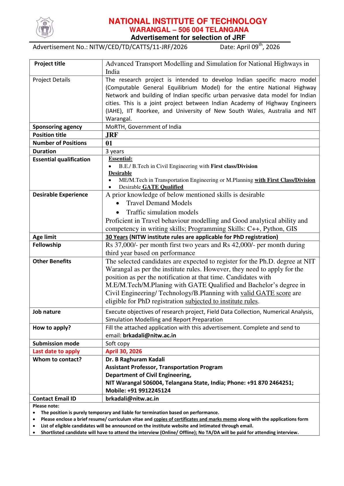 Official Recruitment Notification for NIT Warangal JRF Recruitment 2026: Eligibility, Fellowship, Last Date and Email Application Process for 1 Post
