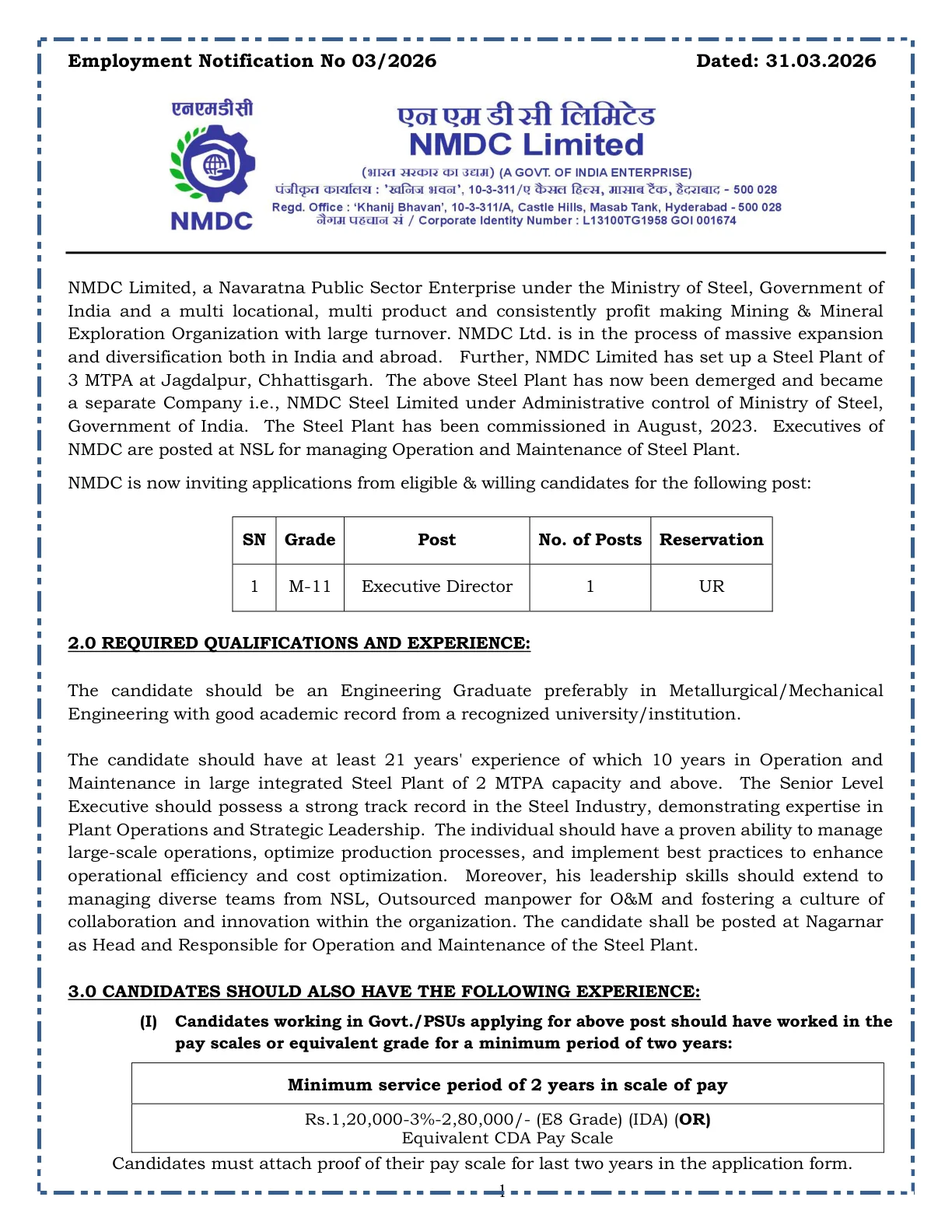 Official Recruitment Notification for NMDC Executive Director Recruitment 2026 - Apply Online