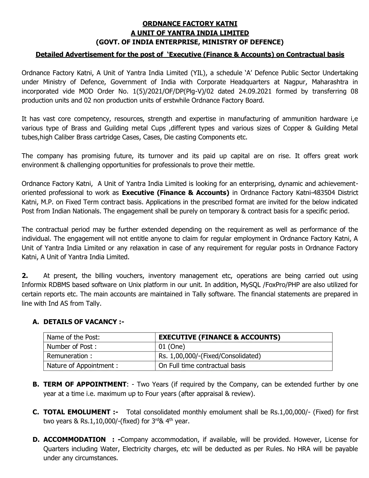 Official Recruitment Notification for Ordnance Factory Katni Executive Recruitment 2026: Apply Offline for Finance & Accounts Post