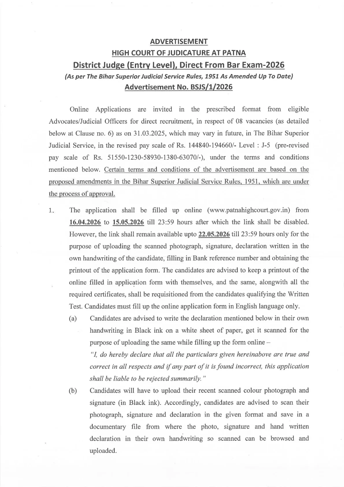 Official Recruitment Notification for Patna High Court District Judge Recruitment 2026: Eligibility, Fee, Exam Pattern, Dates and How to Apply Online for 8 Posts