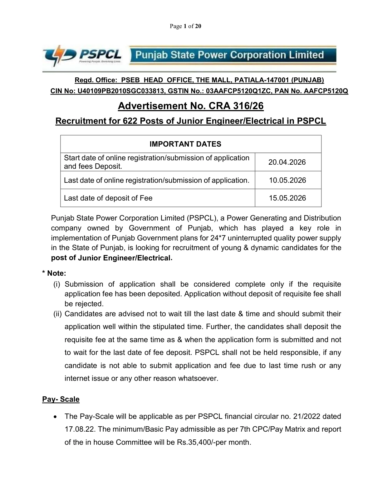 Official Recruitment Notification for PSPCL JE Recruitment 2026: 622 Junior Engineer (Electrical) Posts, Eligibility, Fee and Apply Online Steps